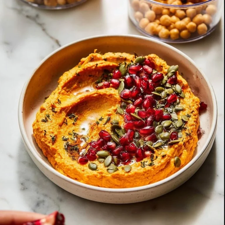 Bowl of creamy pumpkin hummus served with fresh vegetables and pita bread