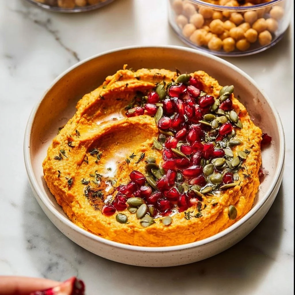 Bowl of creamy pumpkin hummus served with fresh vegetables and pita bread