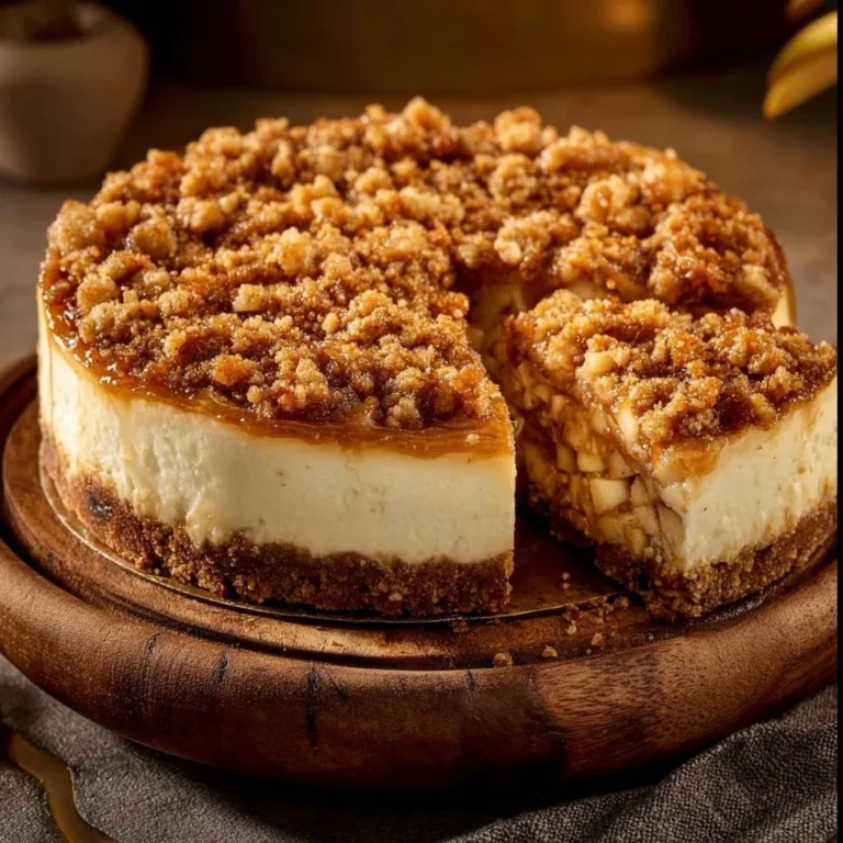 Delicious apple crumble cheesecake topped with crunchy apples and crumbs