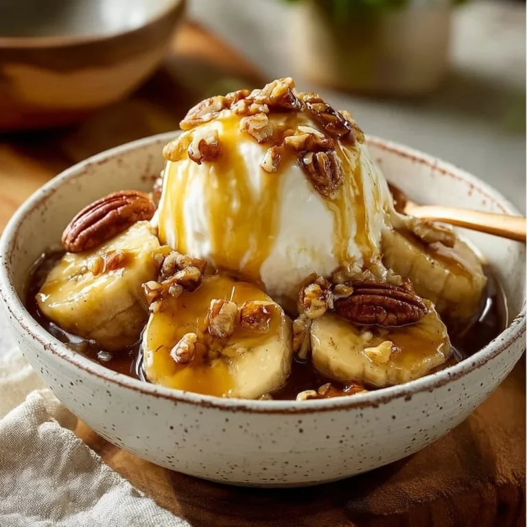 Delicious Bananas Foster with Pecans and Caramel served in a dessert bowl