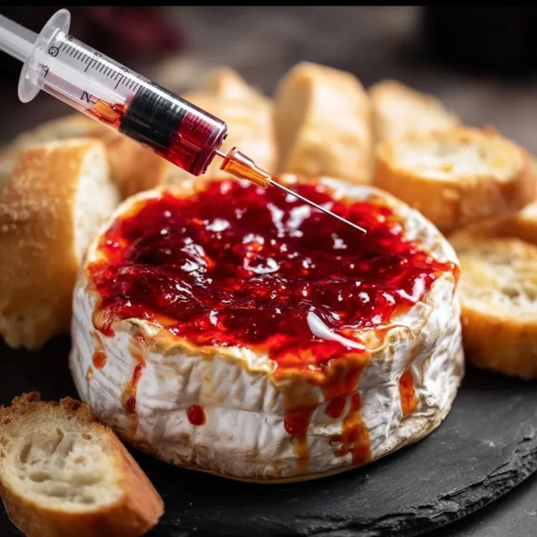 Delicious Bloody Baked Brie appetizer topped with toppings and served warm.