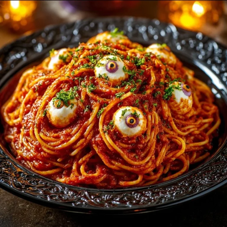Plate of Bloody Spaghetti with Mozzarella Eyeballs on the table for Halloween