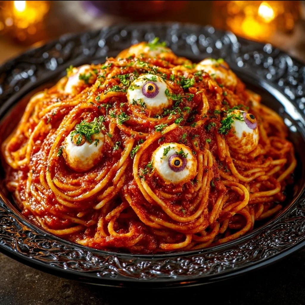 Plate of Bloody Spaghetti with Mozzarella Eyeballs on the table for Halloween