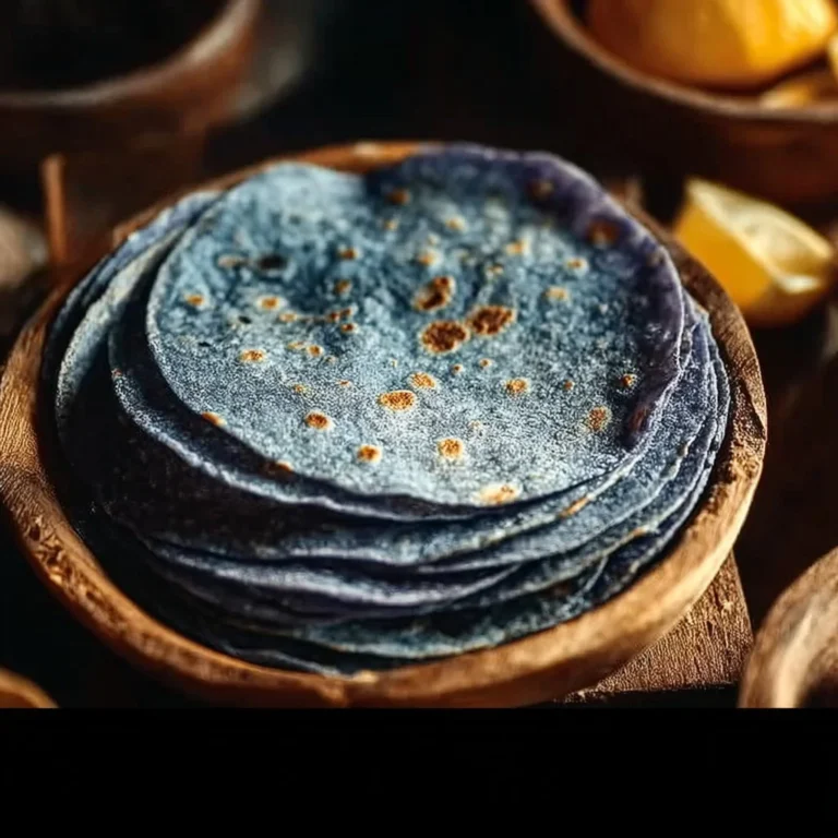 Blue corn tortillas stacked on a rustic wooden table.