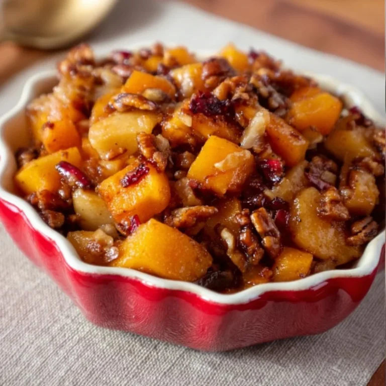 Butternut squash apple bake topped with cinnamon and nuts for a delicious fall dessert