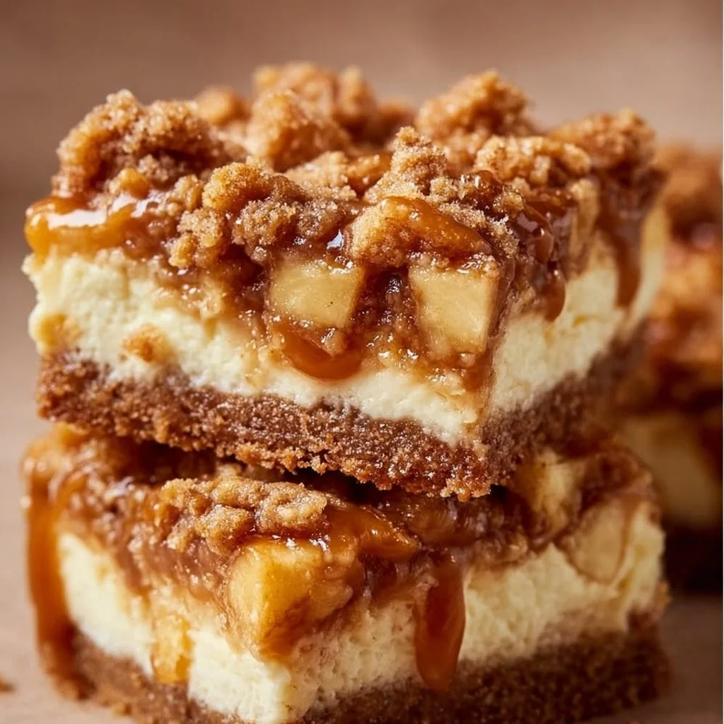 Delicious Caramel Apple Cheesecake Bars topped with caramel sauce and apple slices.