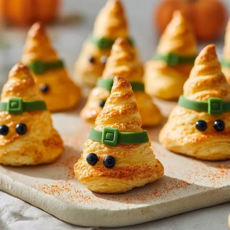 Cheesy witch hat crescents ready to serve at a Halloween party