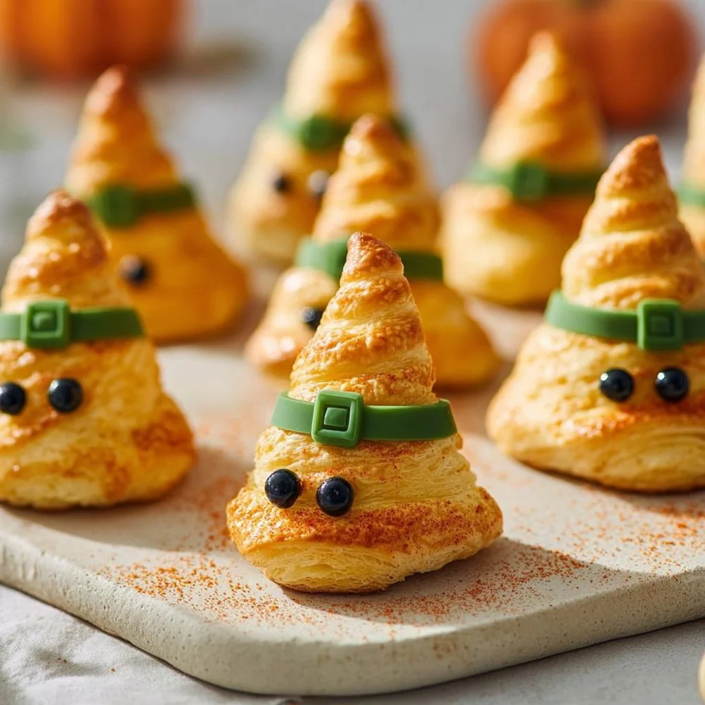 Cheesy witch hat crescents ready to serve at a Halloween party