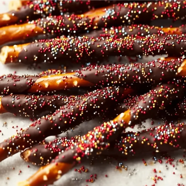 Chocolate-covered pretzel rods decorated with colorful fall sprinkles
