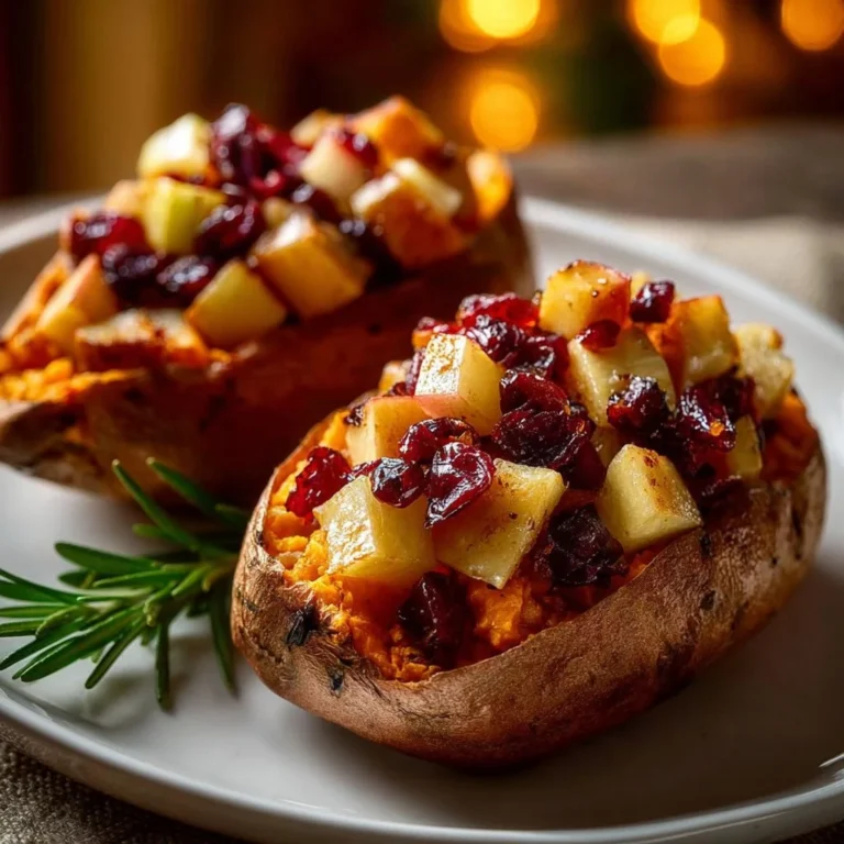 Cranberry Apple Twice-Baked Sweet Potatoes topped with cranberries and nuts.