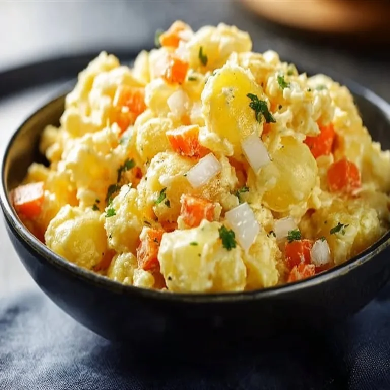Creamy Hawaiian potato mac salad served in a bowl with garnishes
