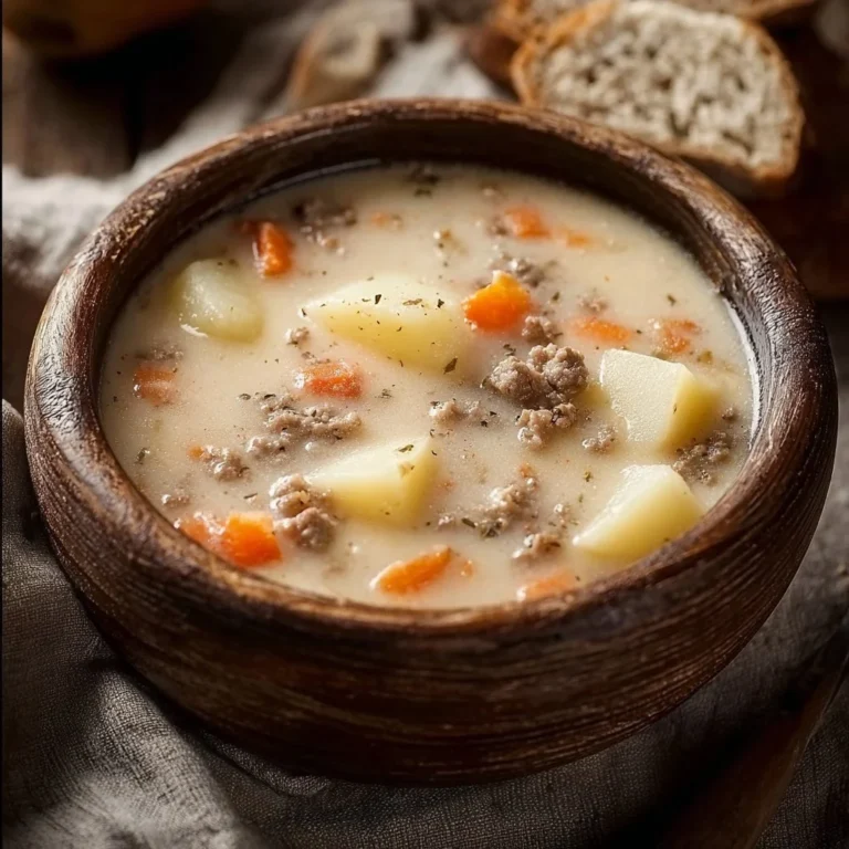 Creamy potato hamburger soup garnished with fresh herbs in a bowl