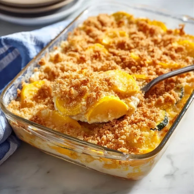 Creamy summer squash casserole topped with cheese and herbs in a baking dish.