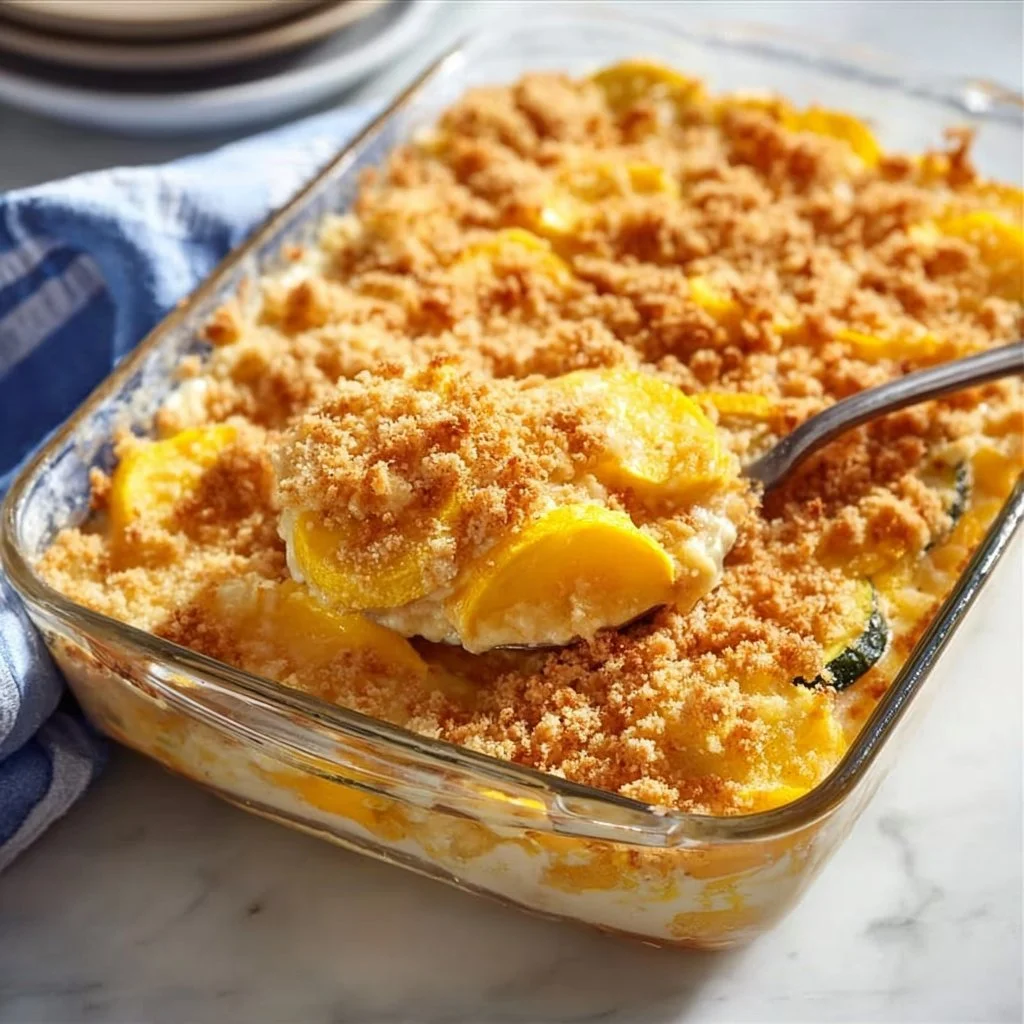 Creamy summer squash casserole topped with cheese and herbs in a baking dish.