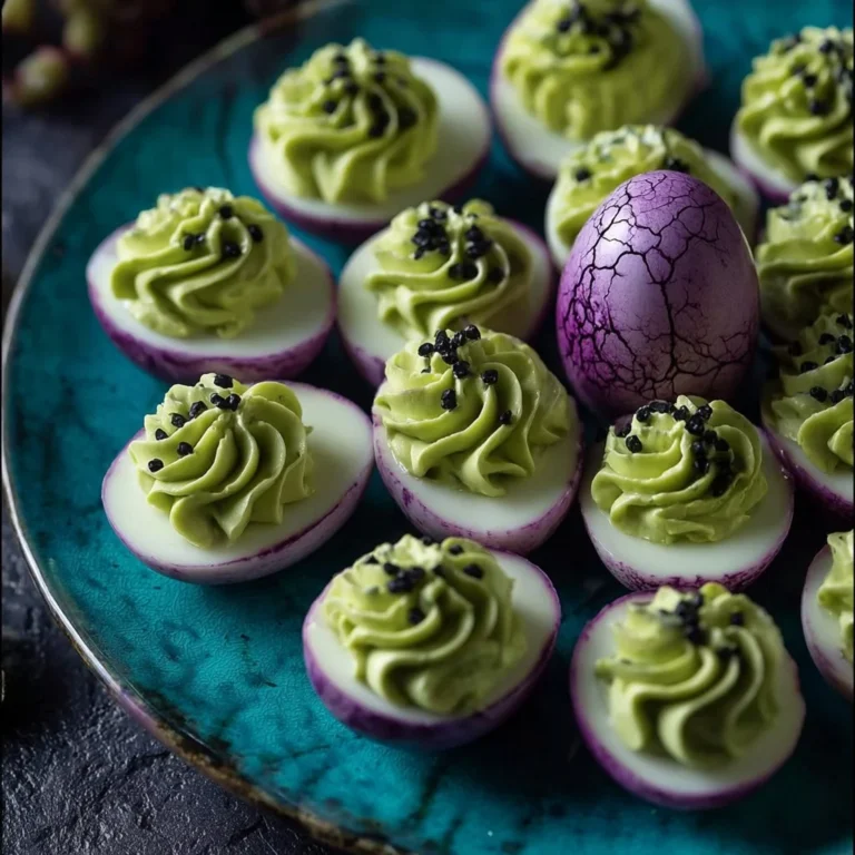 Creepy Halloween deviled eggs decorated for spooky festivities