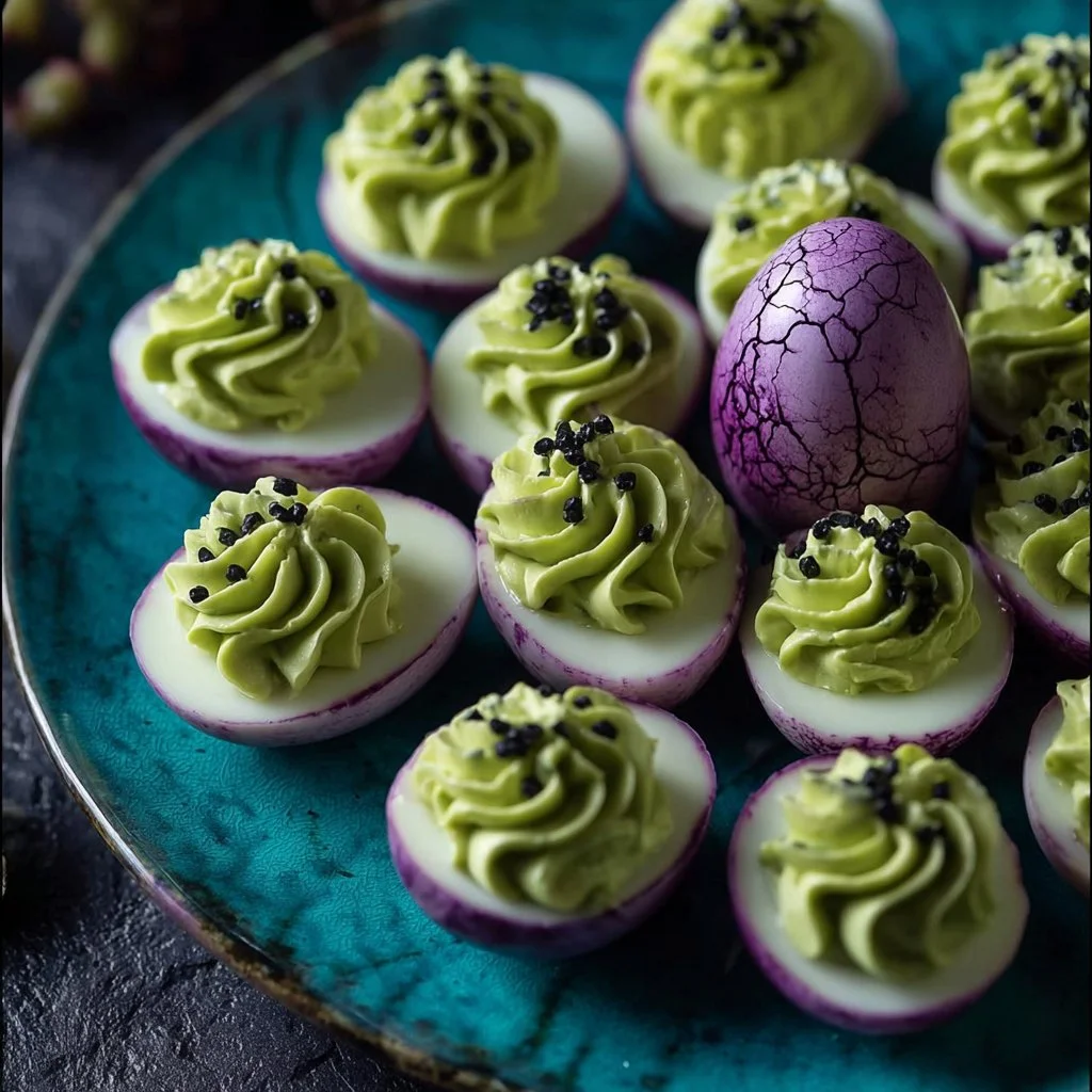 Creepy Halloween deviled eggs decorated for spooky festivities