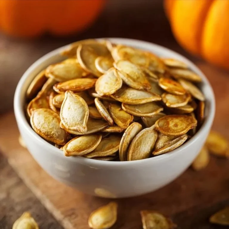 Crispy air fryer pumpkin seeds in a bowl, garnished and ready to eat.