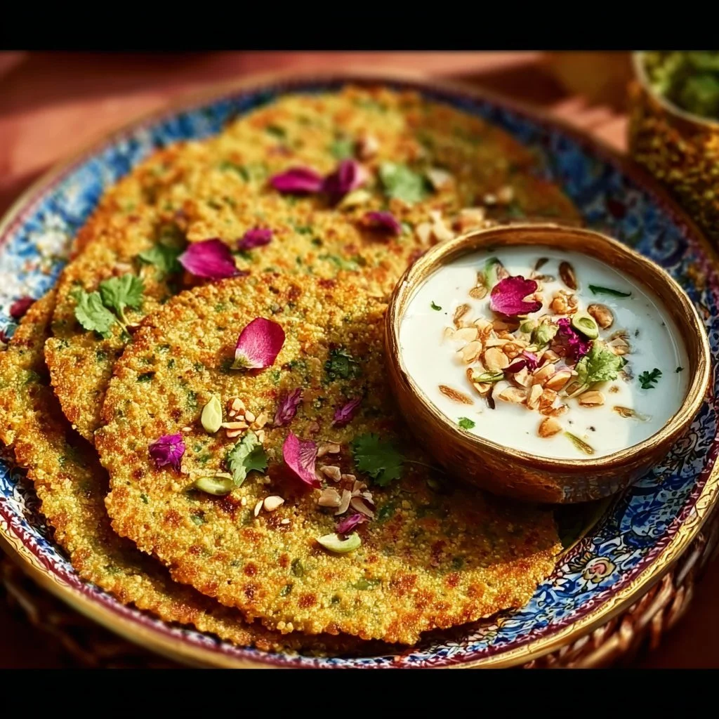 Crispy cucumber millet flatbread served with fresh ingredients and herbs.