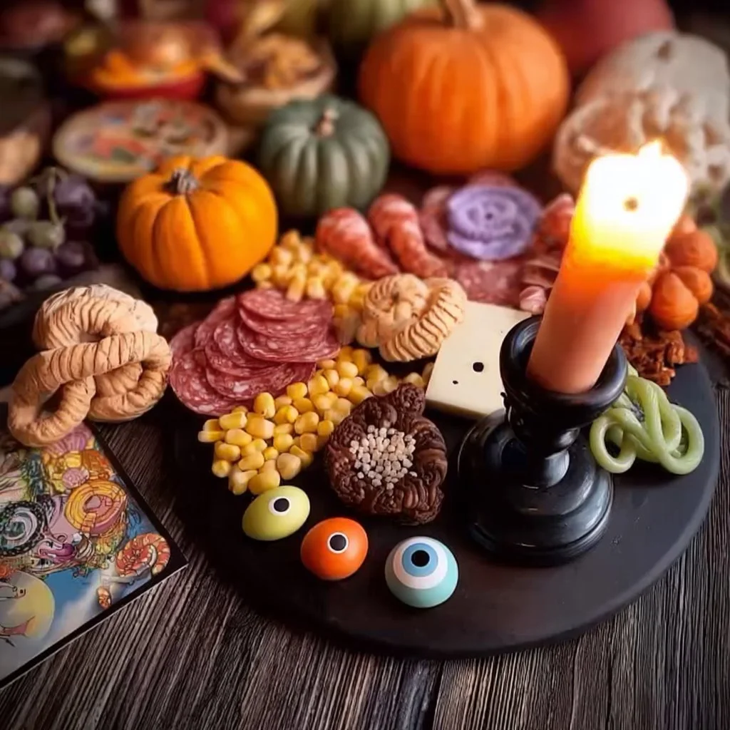 Cute Halloween grazing board with festive snacks and treats
