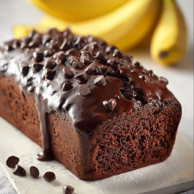 Loaf of decadent triple chocolate banana bread topped with chocolate chips