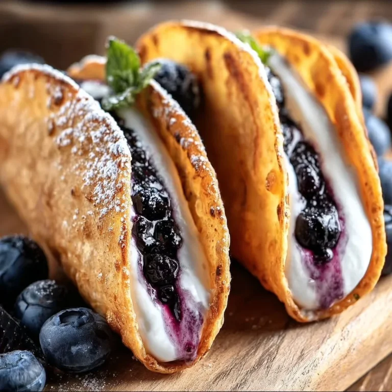 Delicious blueberry cheesecake tacos topped with fresh blueberries and cream.