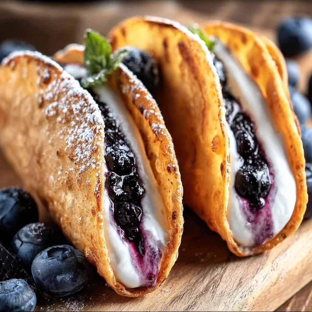 Delicious blueberry cheesecake tacos topped with fresh blueberries and cream.