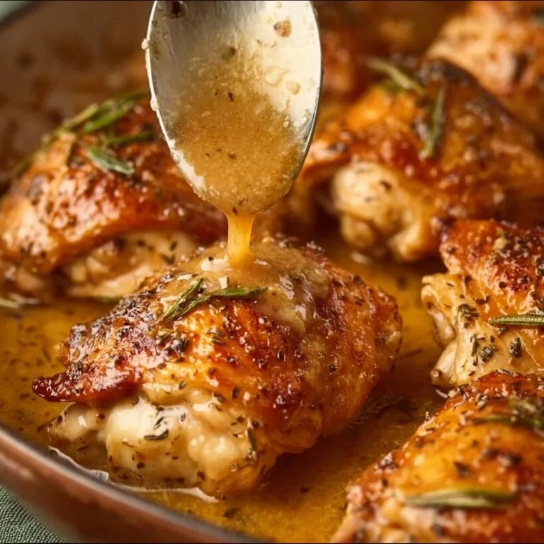 Dijon Maple Chicken Thighs cooked and served on a plate with herbs