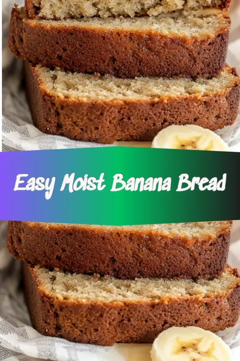Slice of easy moist banana bread on a wooden table