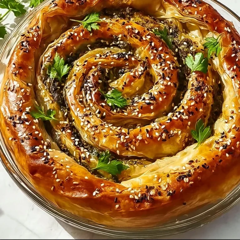Flaky Spinach Pie Spiral showcasing golden, crispy layers with fresh spinach filling.