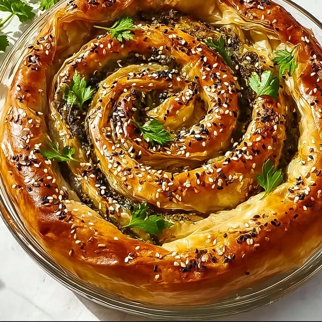 Flaky Spinach Pie Spiral showcasing golden, crispy layers with fresh spinach filling.
