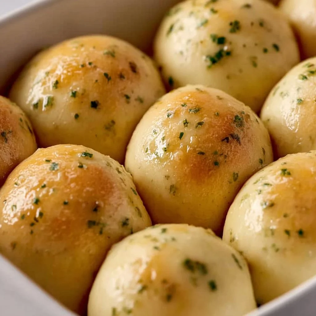 Delicious homemade garlic bread rolls served with butter and herbs.