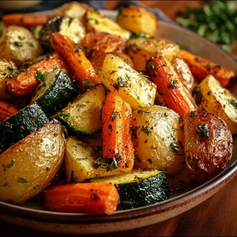 Plate of Garlic Herb Roasted Potatoes, Carrots, and Zucchini garnished with herbs.