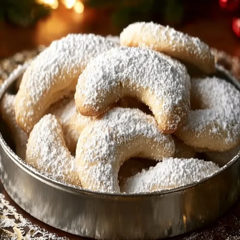 Plate of homemade German Vanilla Crescent Cookies dusted with powdered sugar.