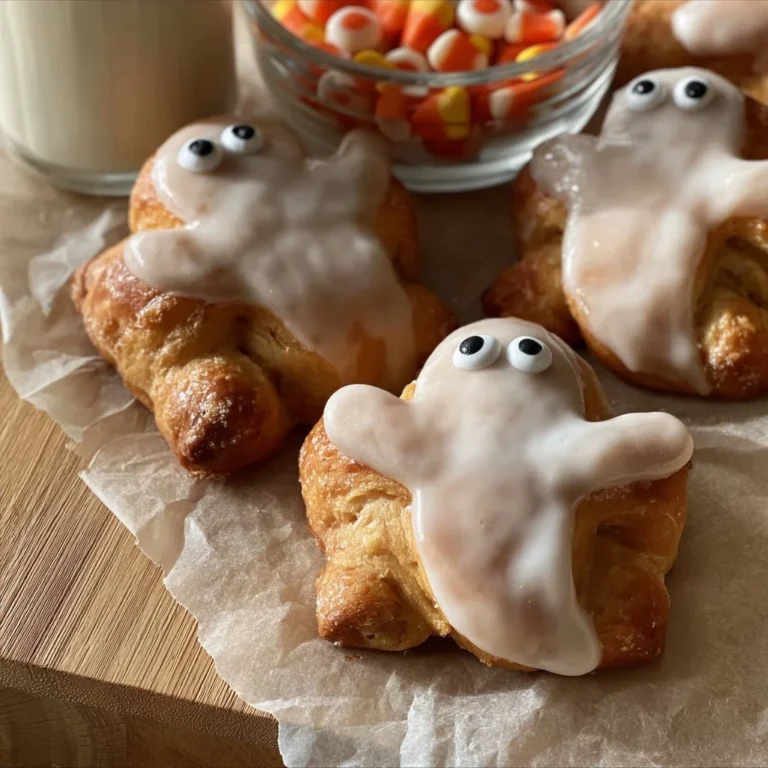 Delicious Ghost Cinnamon Rolls decorated for Halloween