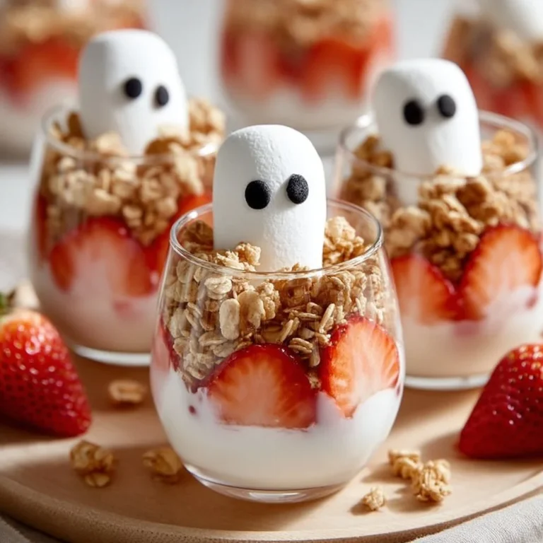 Spooky ghostly yogurt parfaits layered with fruit and granola.