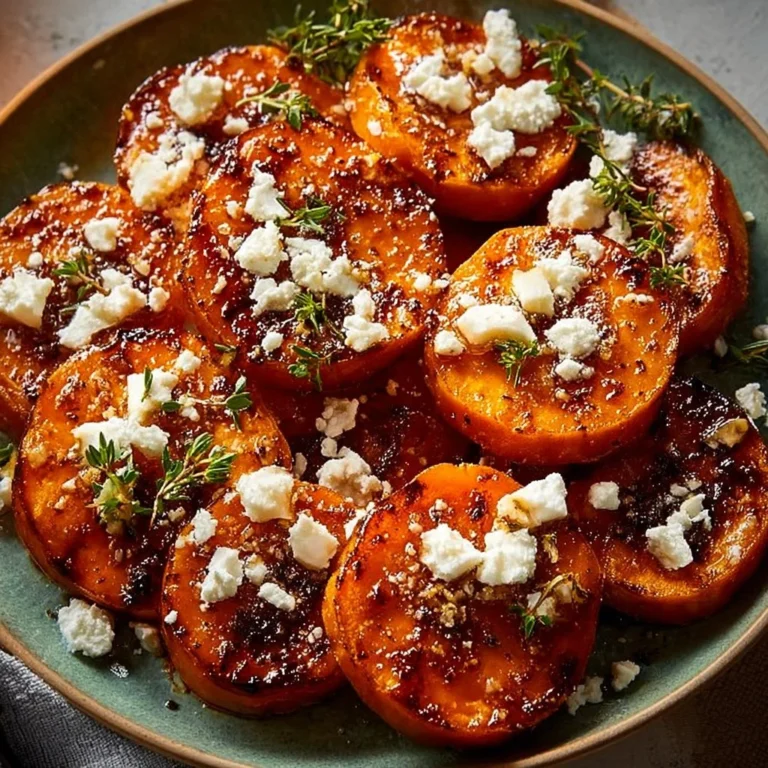 Gourmet Honey Feta Sweet Potato Rounds topped with drizzled honey and feta cheese.