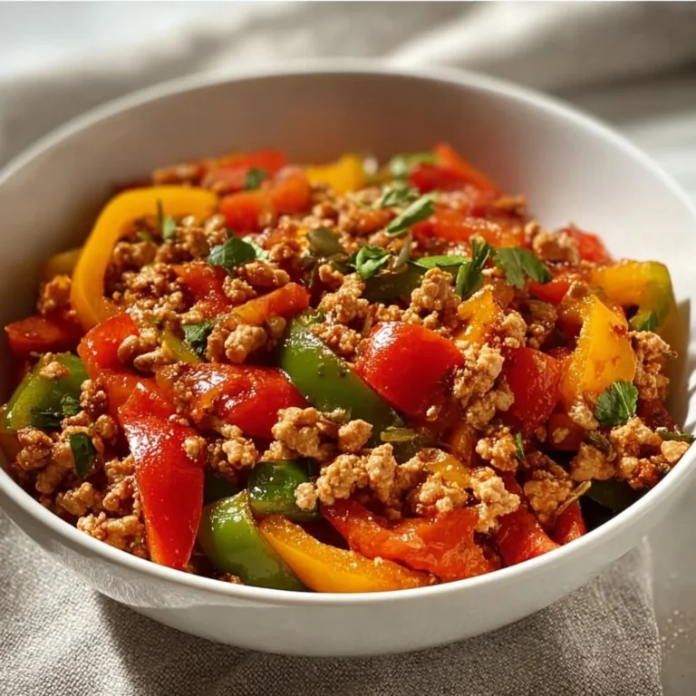 Colorful ground turkey stir-fry with bell peppers in a skillet.