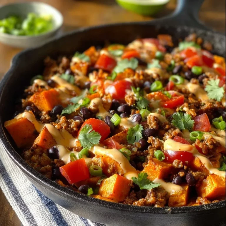 Ground Turkey and Sweet Potato Skillet cooked in a frying pan with colorful veggies
