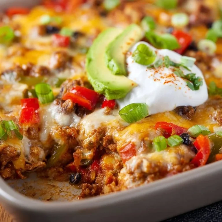 Ground Turkey Taco Casserole topped with cheese and fresh ingredients