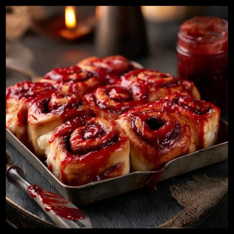 Halloween Bloody Cinnamon Rolls topped with red icing for a spooky treat