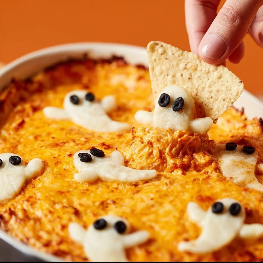 Halloween-themed Buffalo Chicken Dip served in a spooky pumpkin bowl