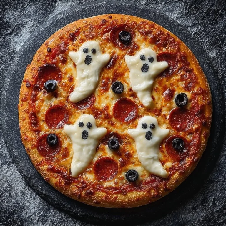 Halloween Ghost Pizza with spooky toppings and a fun design
