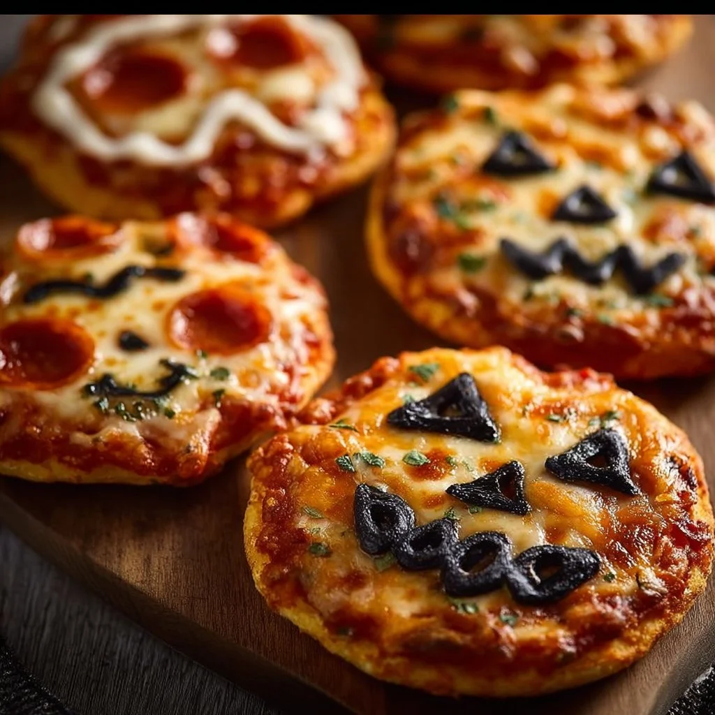 Delicious Halloween mini pizzas shaped like pumpkins and ghosts.
