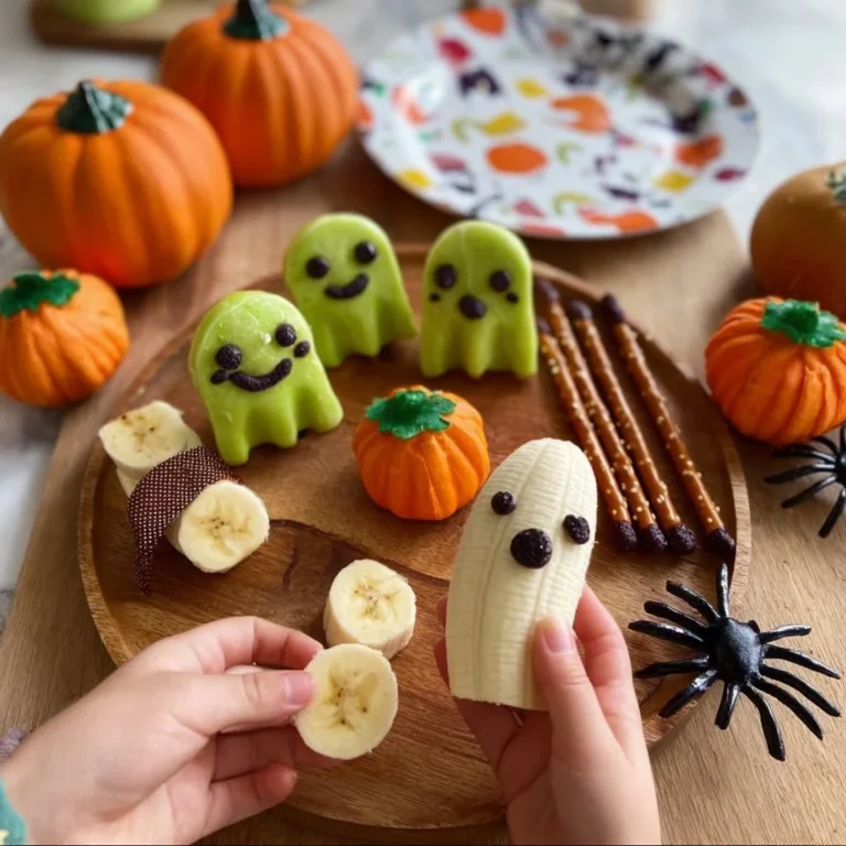 Plate of colorful healthy Halloween snacks like fruit ghosts and veggie pumpkins.