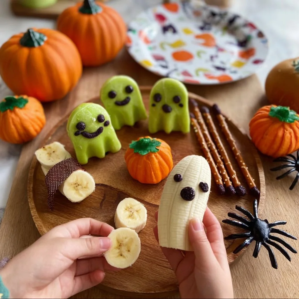 Plate of colorful healthy Halloween snacks like fruit ghosts and veggie pumpkins.