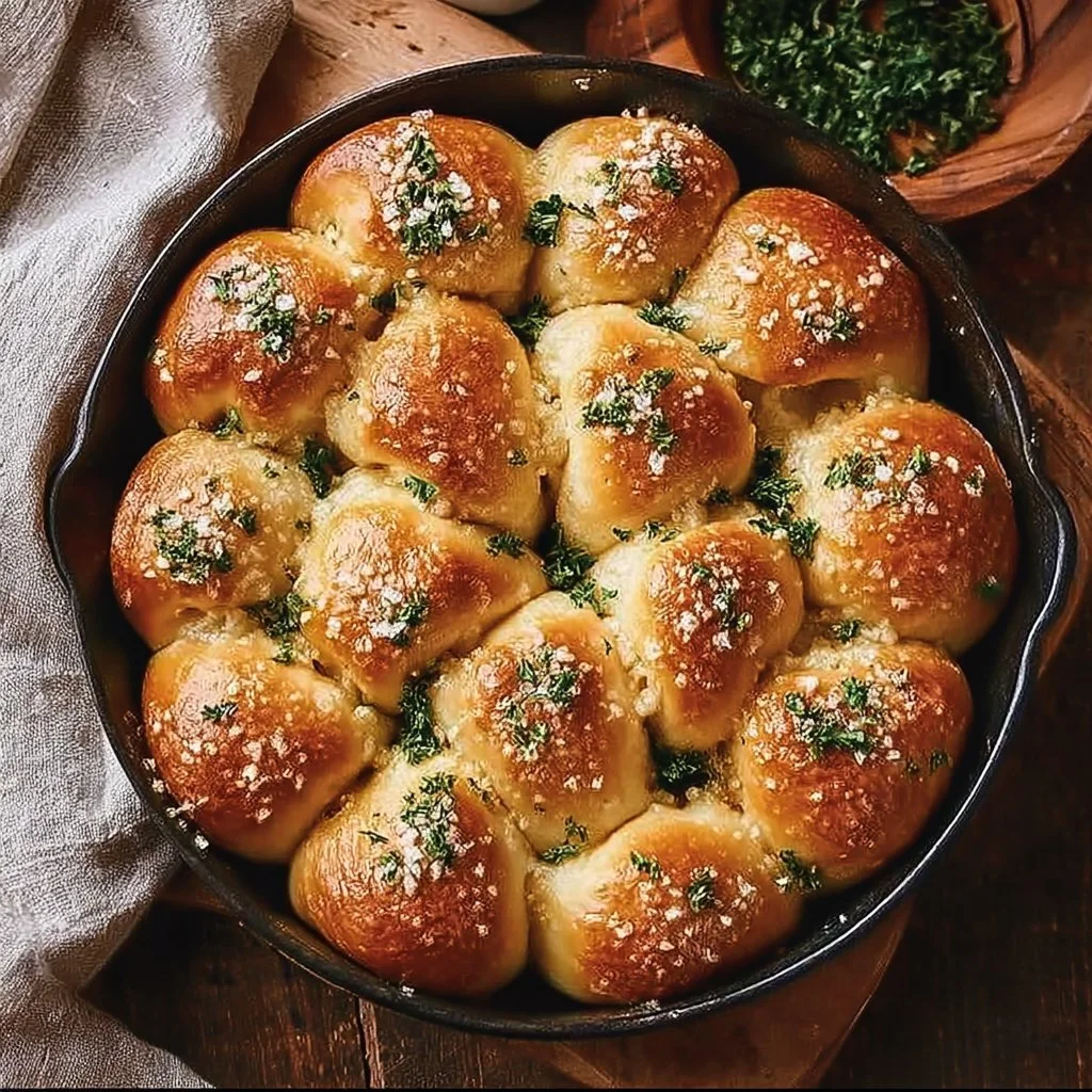 Freshly baked homemade garlic knots with herbs and garlic butter