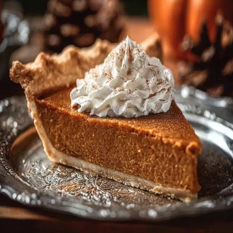 Homemade pumpkin pie with whipped cream on a rustic wooden table