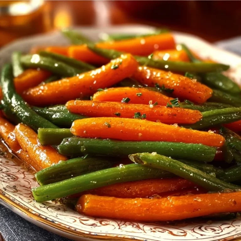 Honey glazed carrots and green beans served together as a delicious side dish.