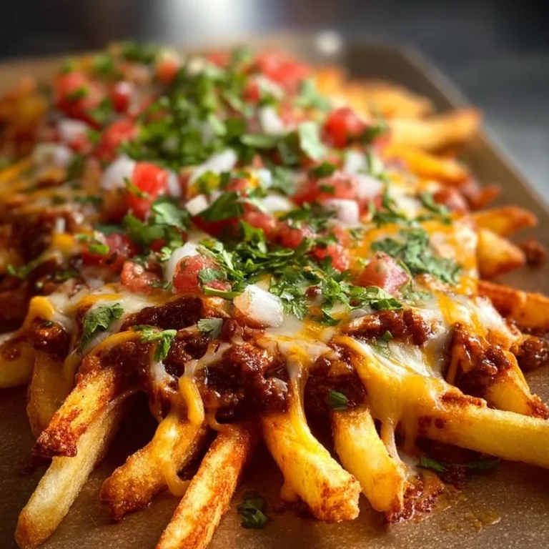 Delicious loaded chili cheese fries topped with chili and melted cheese