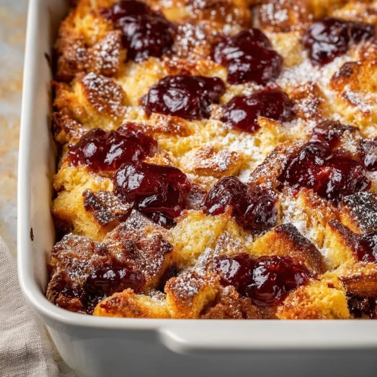 Delicious Monte Cristo French toast casserole topped with powdered sugar and berries